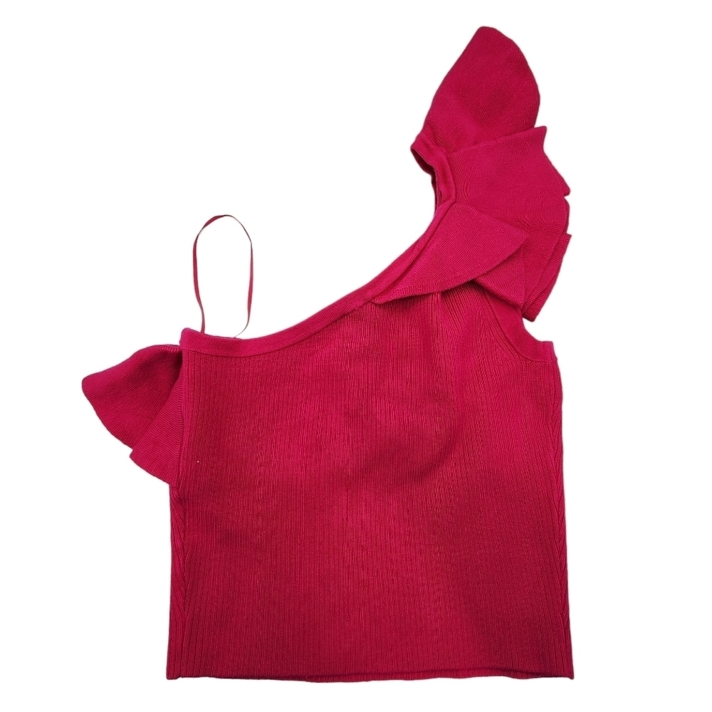 Express Women's Body Contour Ruffle One Shoulder Cropped Sweater Tank - Picture 2 of 6